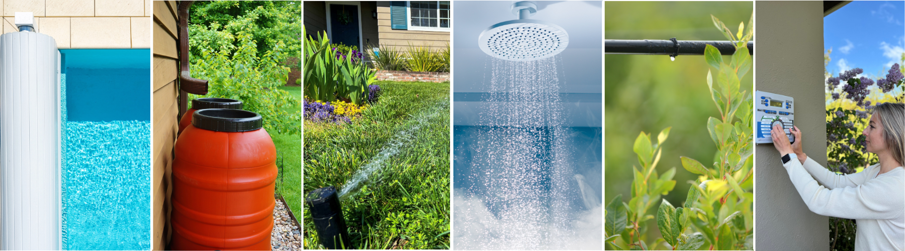 Six images showing, from left, a pool cover, rain barrel, lawn sprinkler, shower head, drip irrigation and irrigation controller.