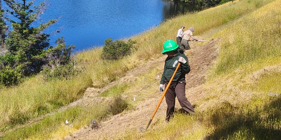 Three people perform trail maintenance work on a hillside next to a reservoir.