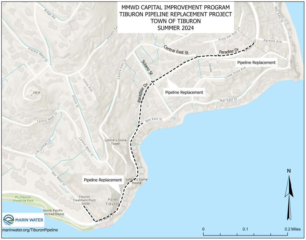 A map of the project shows a dotted line along Paradise Drive running from Mar West Street to Agreste Avenue.