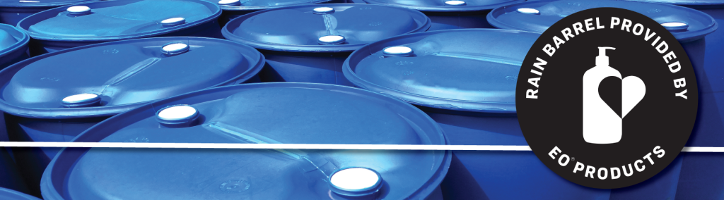 Blue barrels spread out in a triangle. A sticker with the words "rain barrels provided by EO Products" is superimposed on the right side of the image.
