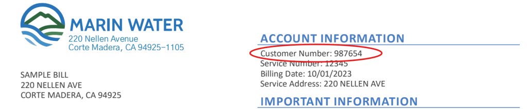 A screen shot of a customer bill with the customer number circled in the upper right corner.