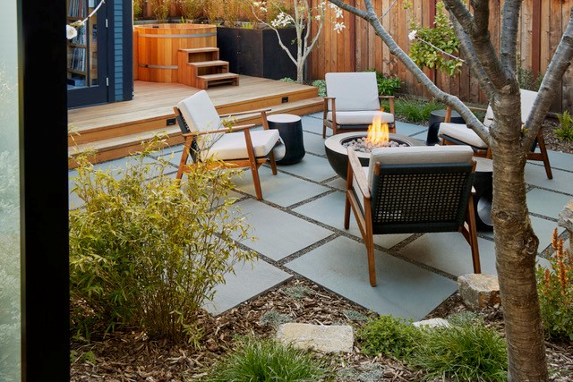 landscape around a firepit and patio.