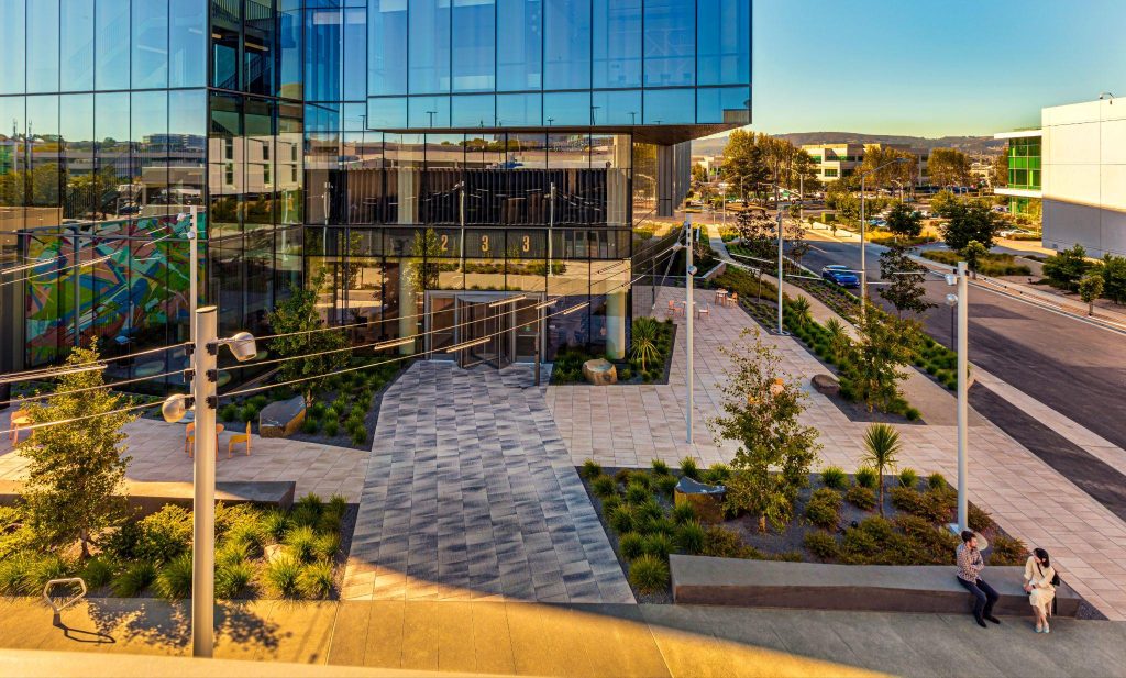 Commercial landscaping is shown with large walkways.