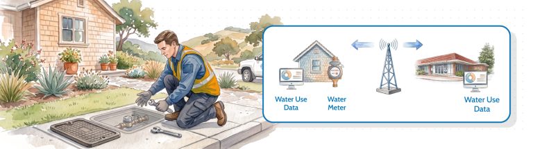 In this graphic illustration, a person works on a water meter on the sidewalk of a residential neighborhood. To the right, a graphic illustrates the schematic operation of smart water meters.