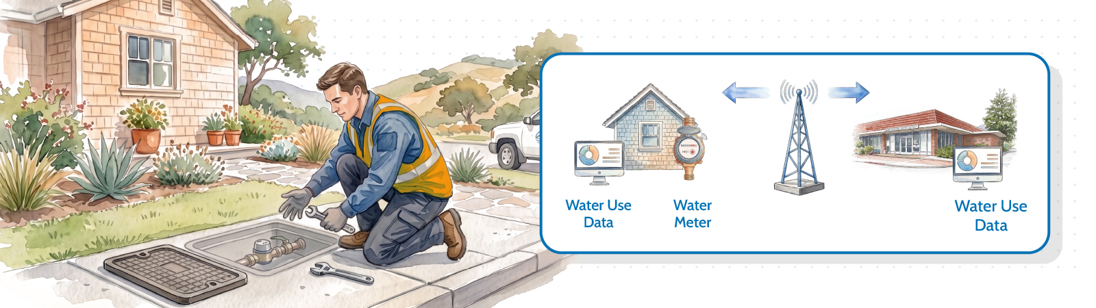 In this graphic illustration, a person works on a water meter on the sidewalk of a residential neighborhood. To the right, a graphic illustrates the schematic operation of smart water meters.